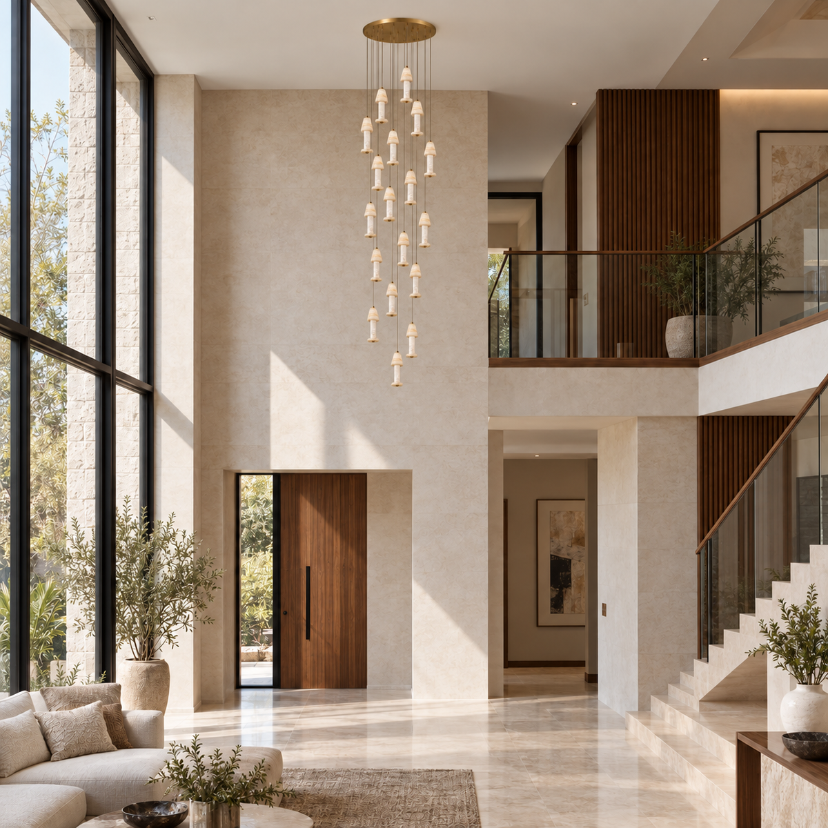 SH2143--18X12W-3C gold stone multi-drop chandelier in a daylight interior.