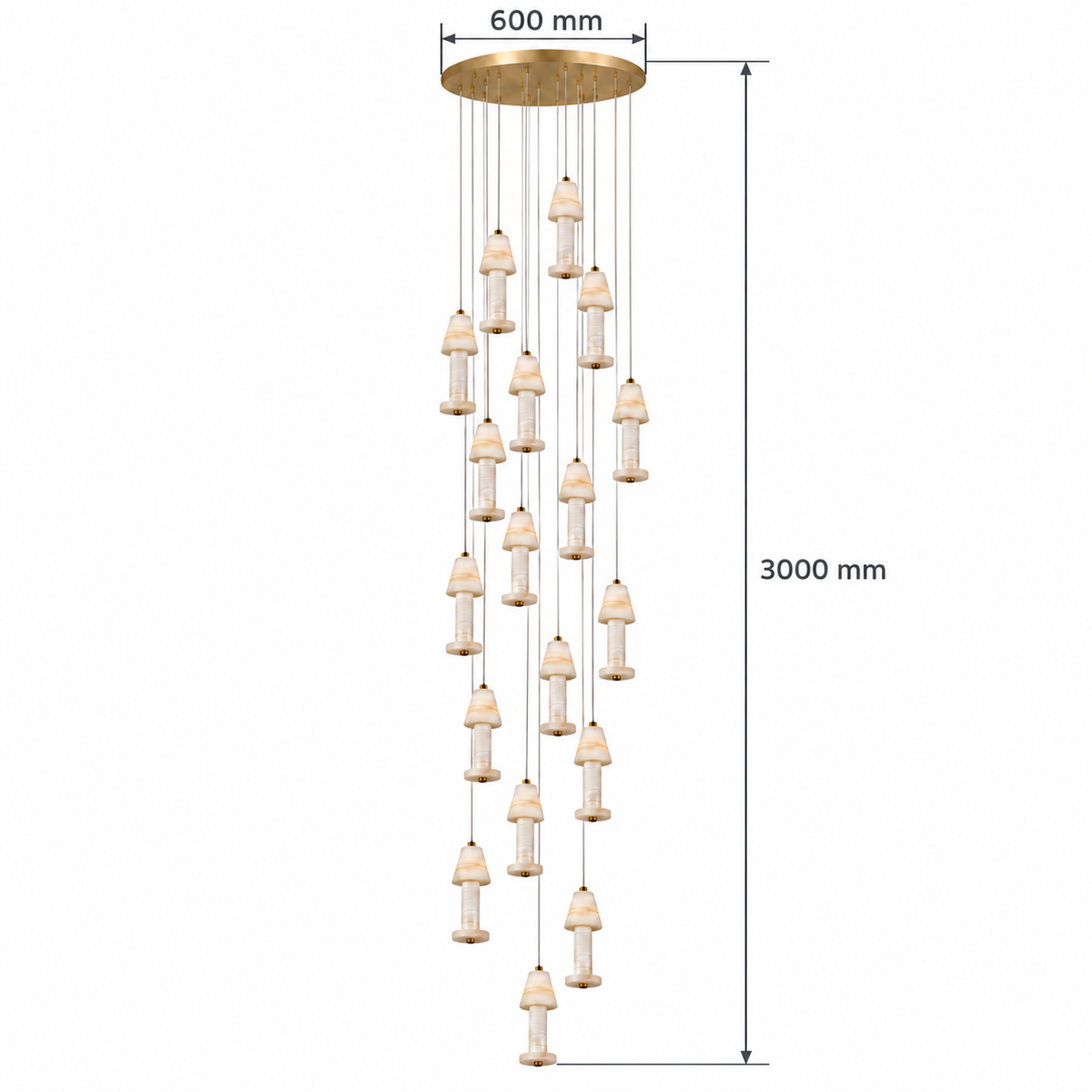 SH2143--18X12W-3C dimension view: Ceiling plate diameter: 600 mm; Total ceiling-to-lowest-head drop: 3000 mm.