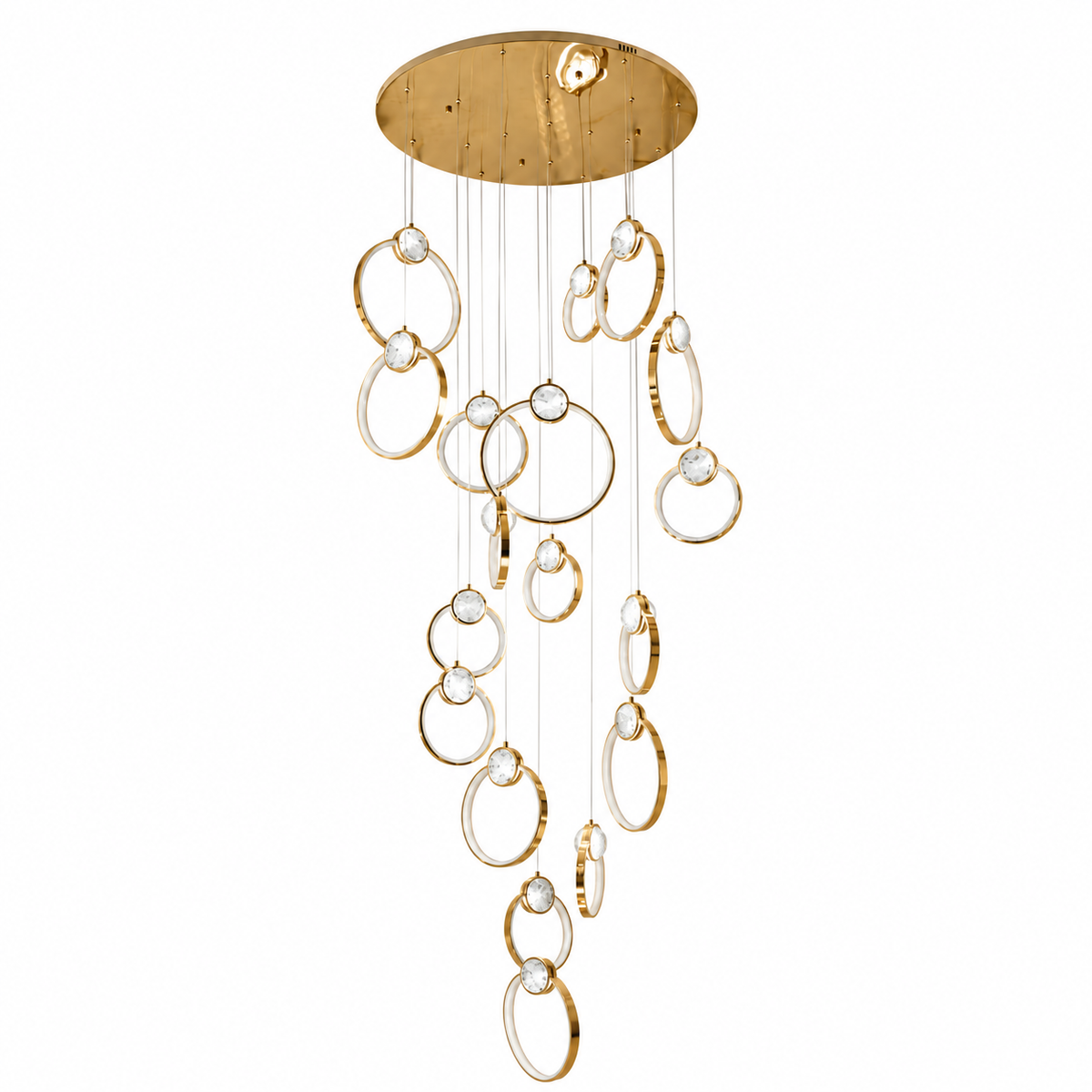 SH8053 Gold 18-Ring Cascade Chandelier shown unlit against a studio background.