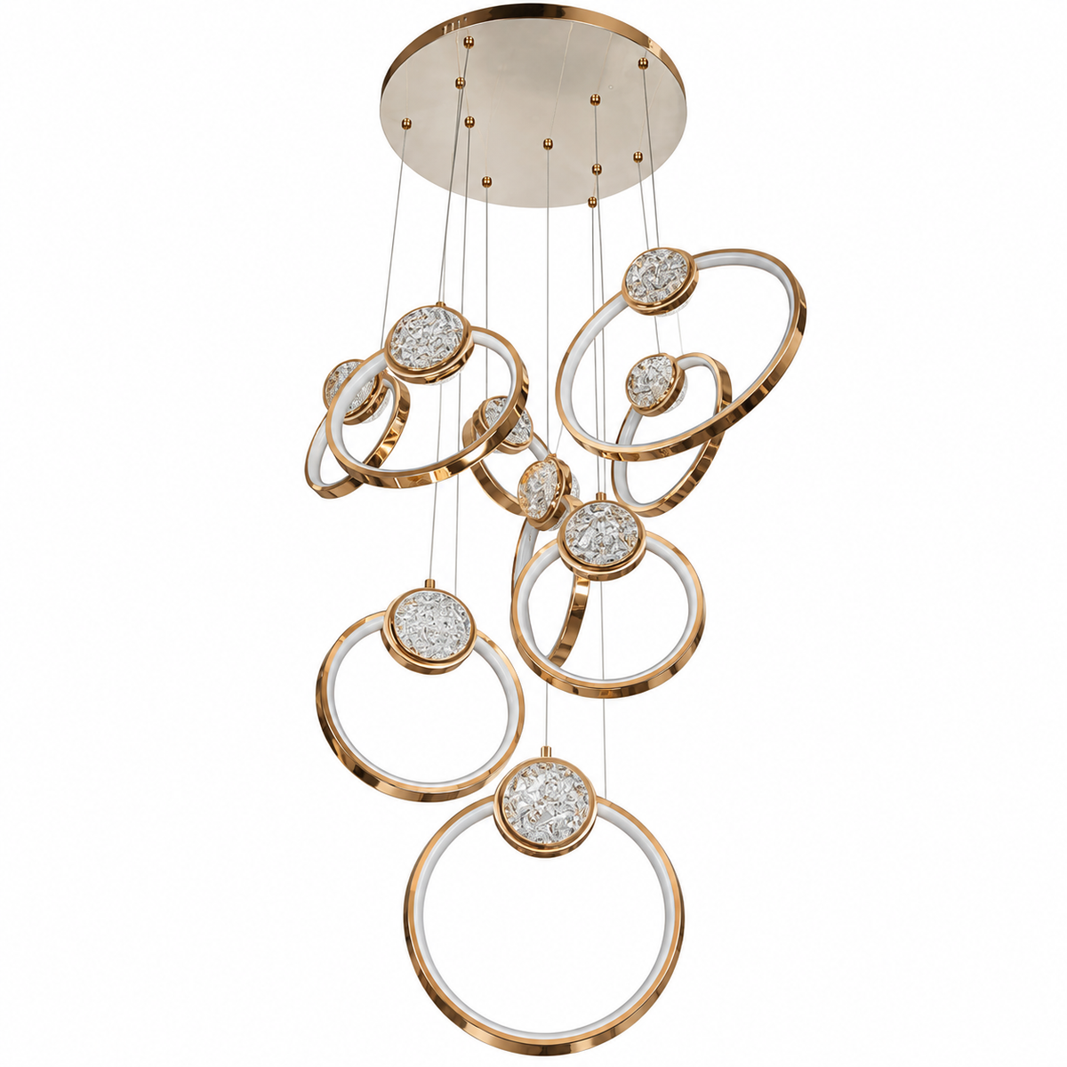 SH8053 Gold Nine-Ring Cascade Chandelier shown unlit against a studio background.