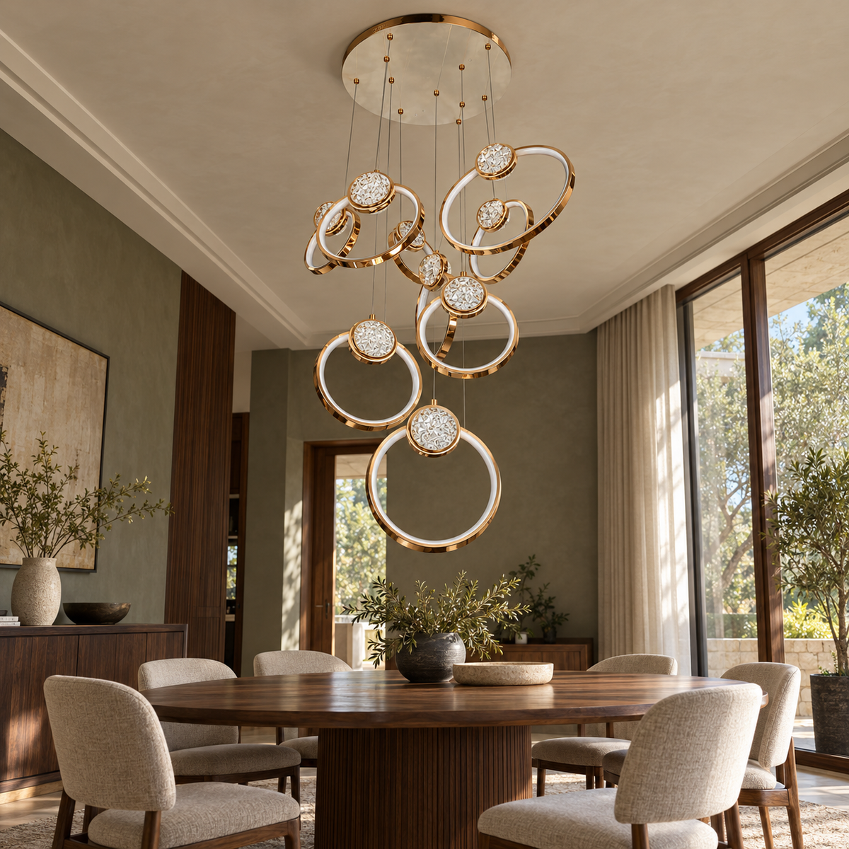 SH8053 Gold Nine-Ring Cascade Chandelier shown unlit in a daylight interior.