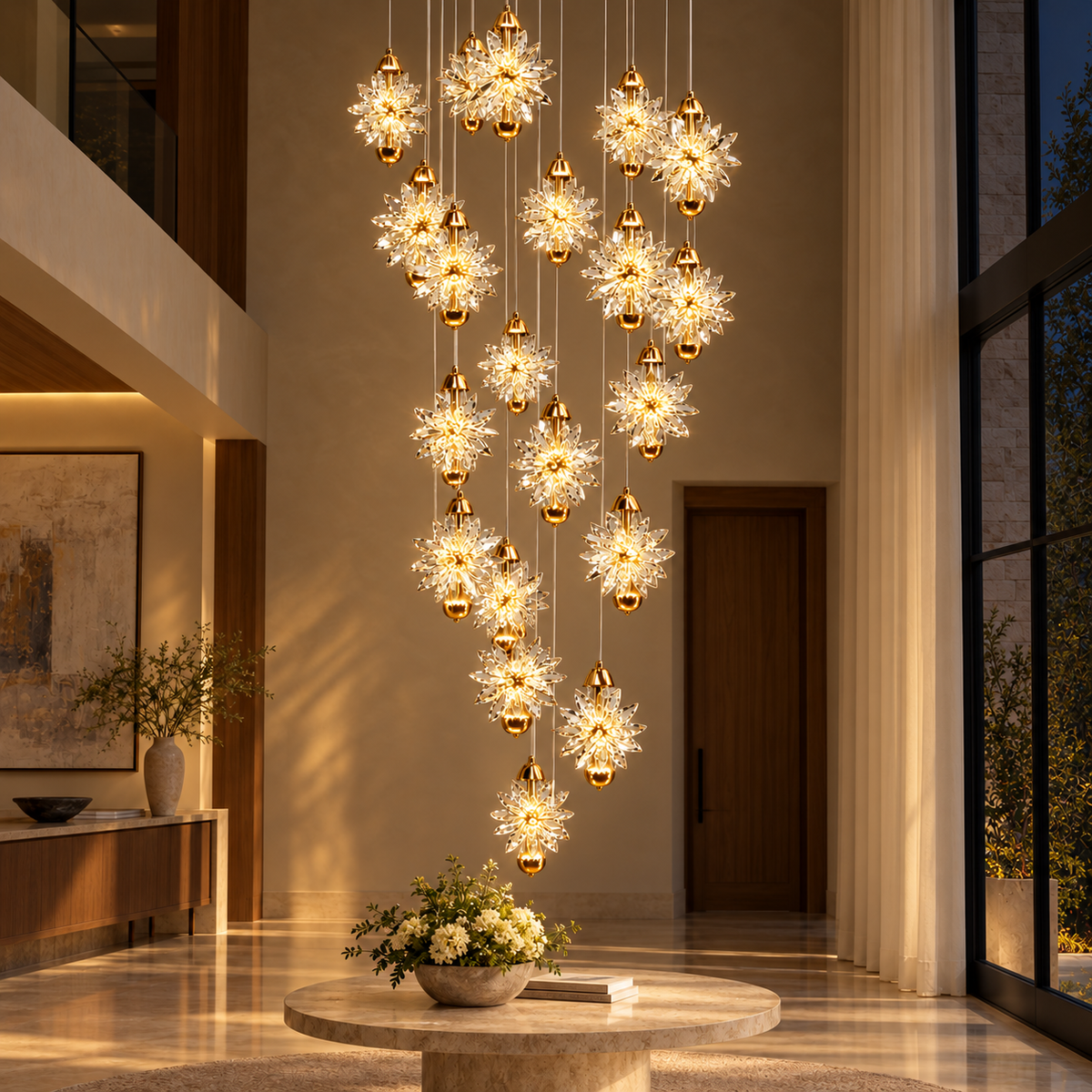SH8542 Gold 20-Flower Crystal Cascade Chandelier illuminated in the matching evening interior. Ceiling plate outside the photograph.