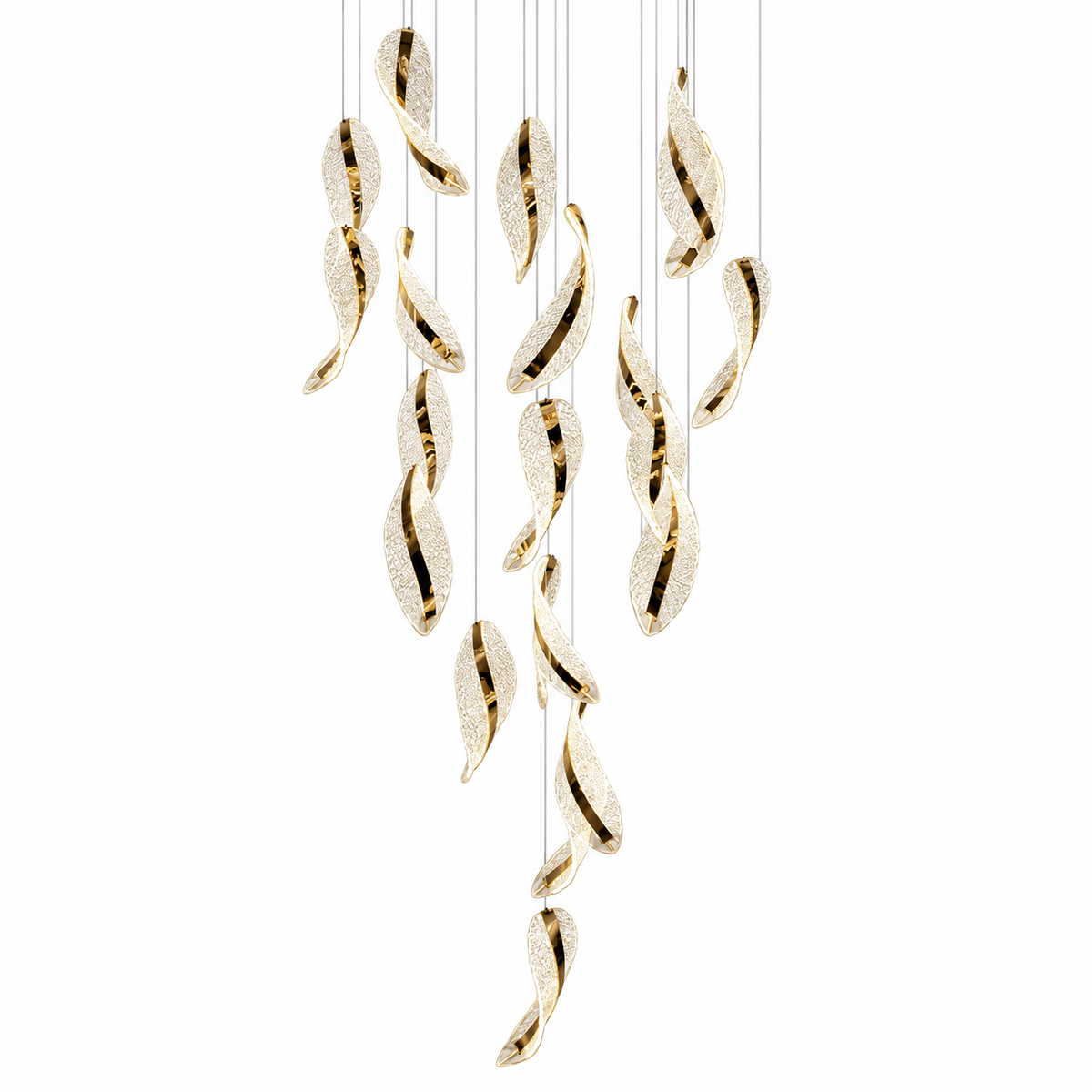 SH8597 Gold 20-Leaf Loop Cascade Chandelier shown unlit against a studio background. Ceiling plate outside the photograph.