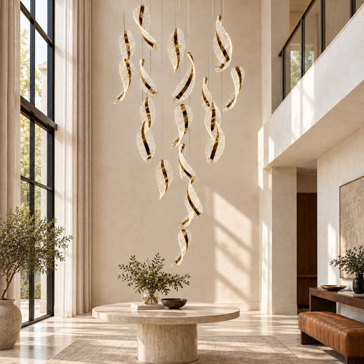 SH8597 Gold 20-Leaf Loop Cascade Chandelier shown unlit in a daylight interior. Ceiling plate outside the photograph.