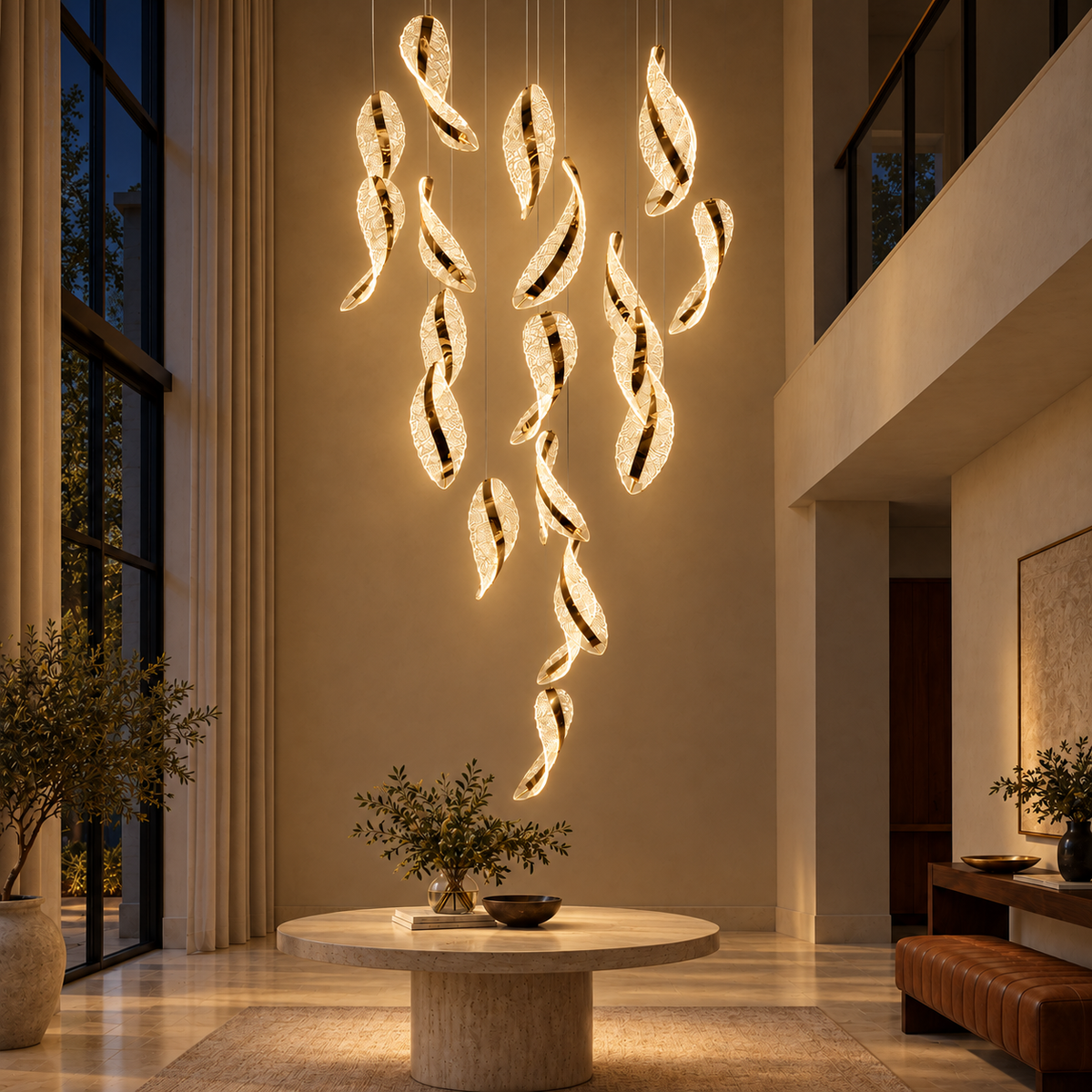 SH8597 Gold 20-Leaf Loop Cascade Chandelier illuminated in the matching evening interior. Ceiling plate outside the photograph.