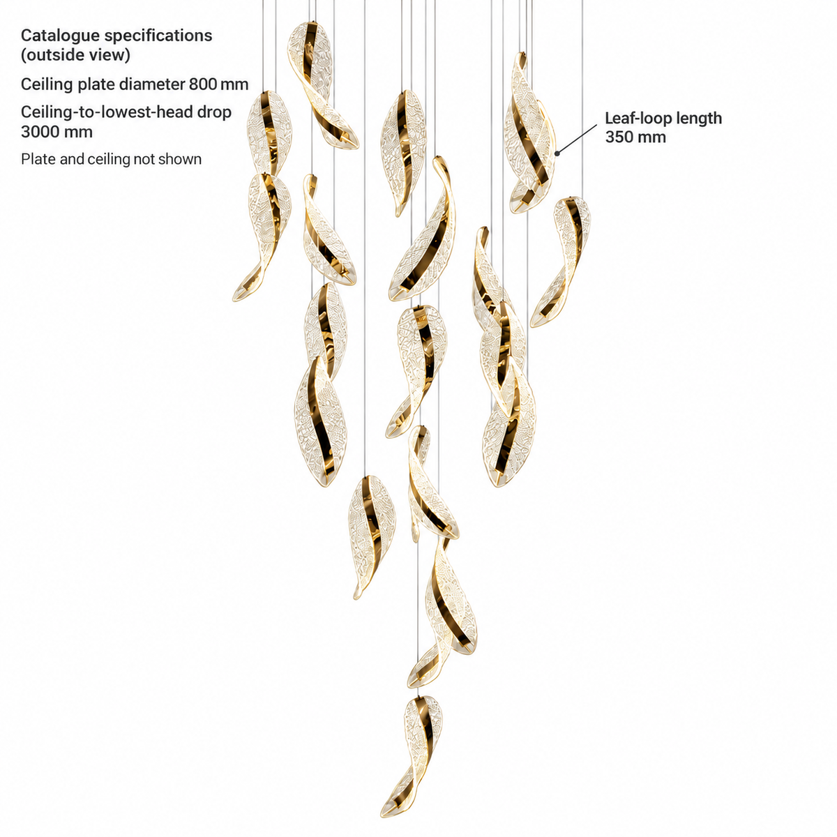 SH8597 Gold 20-Leaf Loop Cascade Chandelier. Catalogue specs for the ceiling plate outside view: diameter 800 mm; ceiling-to-lowest-head drop 3000 mm. Leaf-loop length 350 mm.