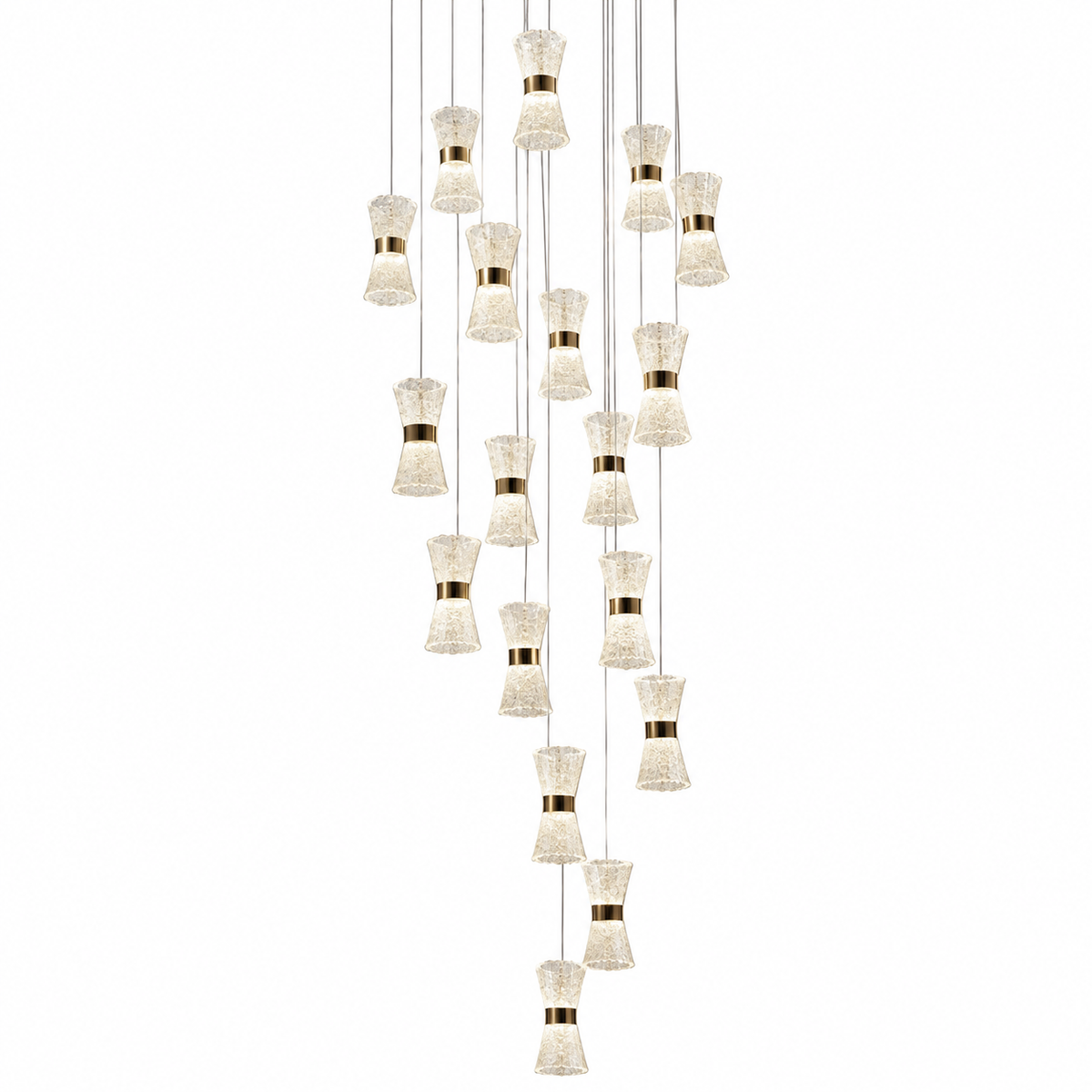 SH8973 Gold 18-Head Hourglass Cascade Chandelier shown unlit against a studio background. Ceiling plate outside the photograph.
