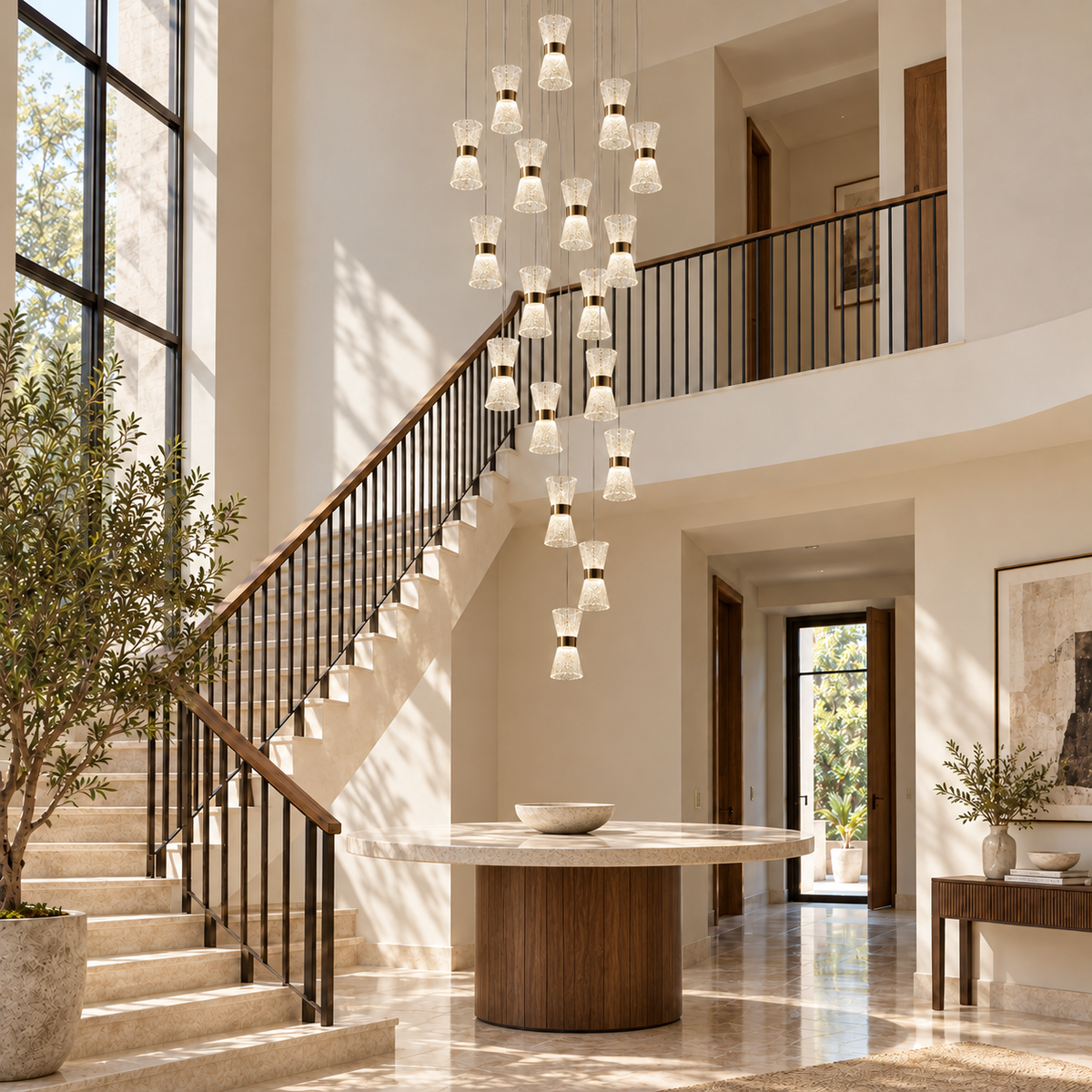 SH8973 Gold 18-Head Hourglass Cascade Chandelier shown unlit in a daylight interior. Ceiling plate outside the photograph.