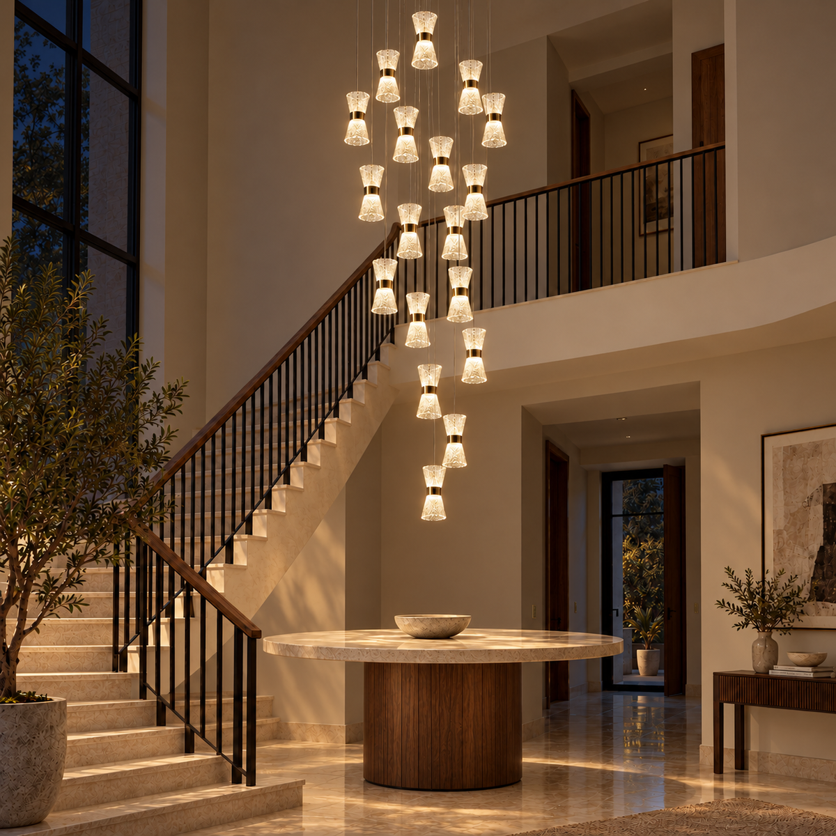 SH8973 Gold 18-Head Hourglass Cascade Chandelier illuminated in the matching evening interior. Ceiling plate outside the photograph.