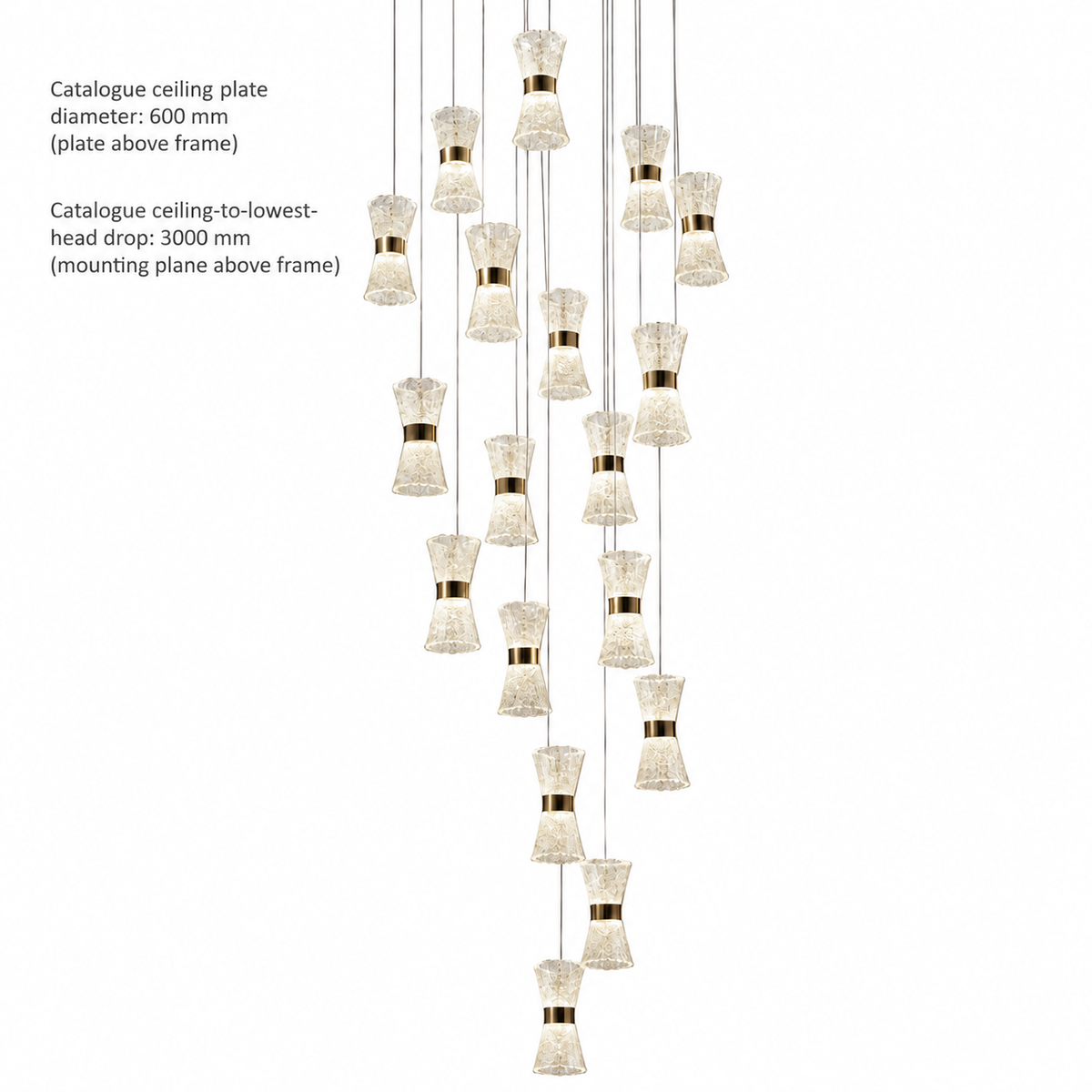 SH8973 Gold 18-Head Hourglass Cascade Chandelier. Catalogue specs for the ceiling plate outside view: diameter 600 mm; ceiling-to-lowest-head drop 3000 mm.
