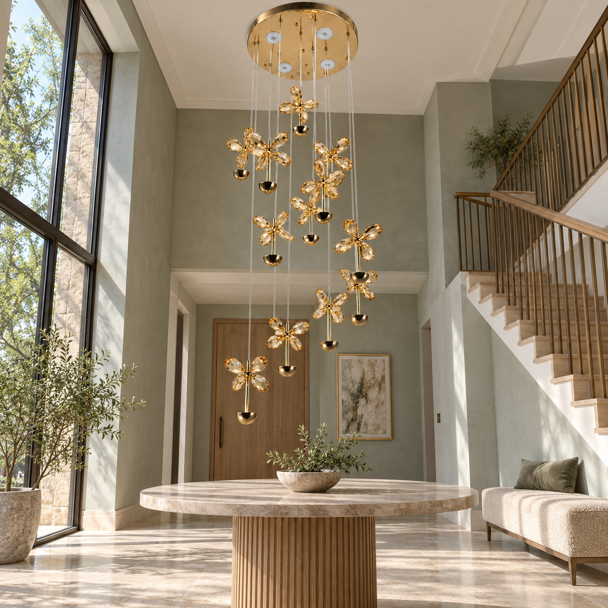 SJ8611FG Gold Lustre Flower Cascade Chandelier shown unlit in a daylight interior.