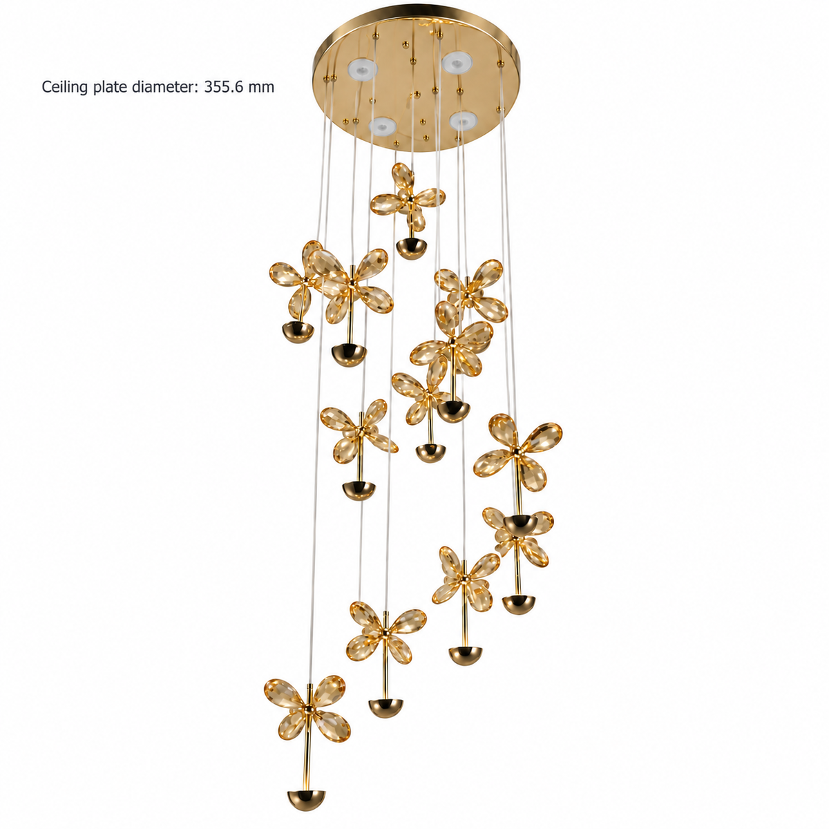 SJ8611FG Gold Lustre Flower Cascade Chandelier dimension view. Round ceiling plate diameter: 355.6 mm.