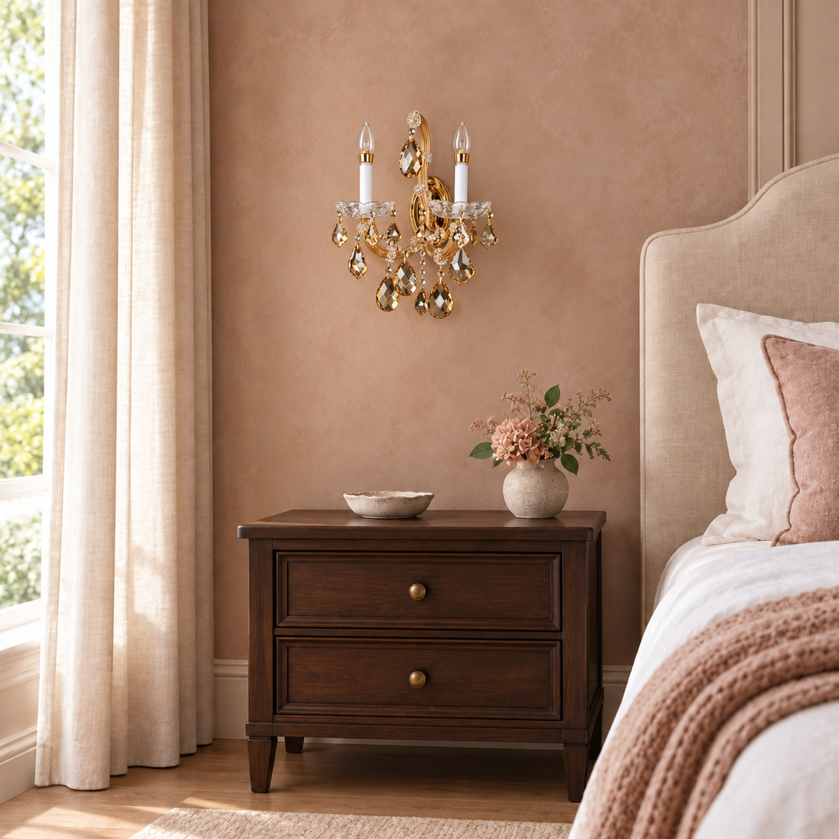 Amber Crystal Twin Arm Wall Light above a dark wood bedside chest beside an upholstered bed in daylight, switched off