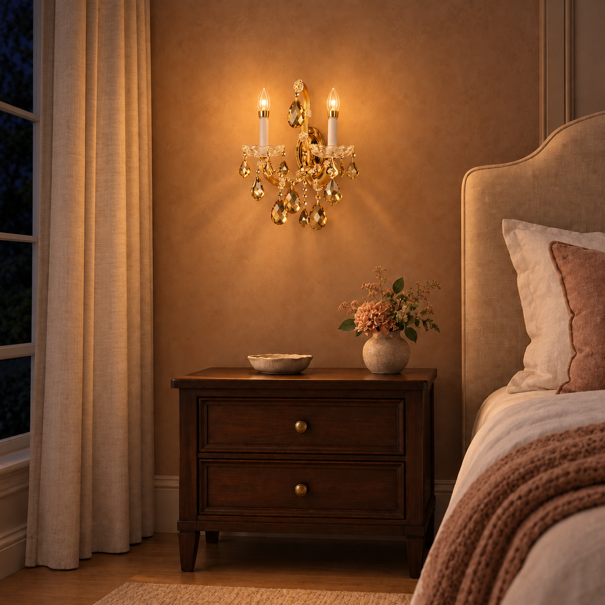 Amber Crystal Twin Arm Wall Light above a dark wood bedside chest beside an upholstered bed at night, illuminated