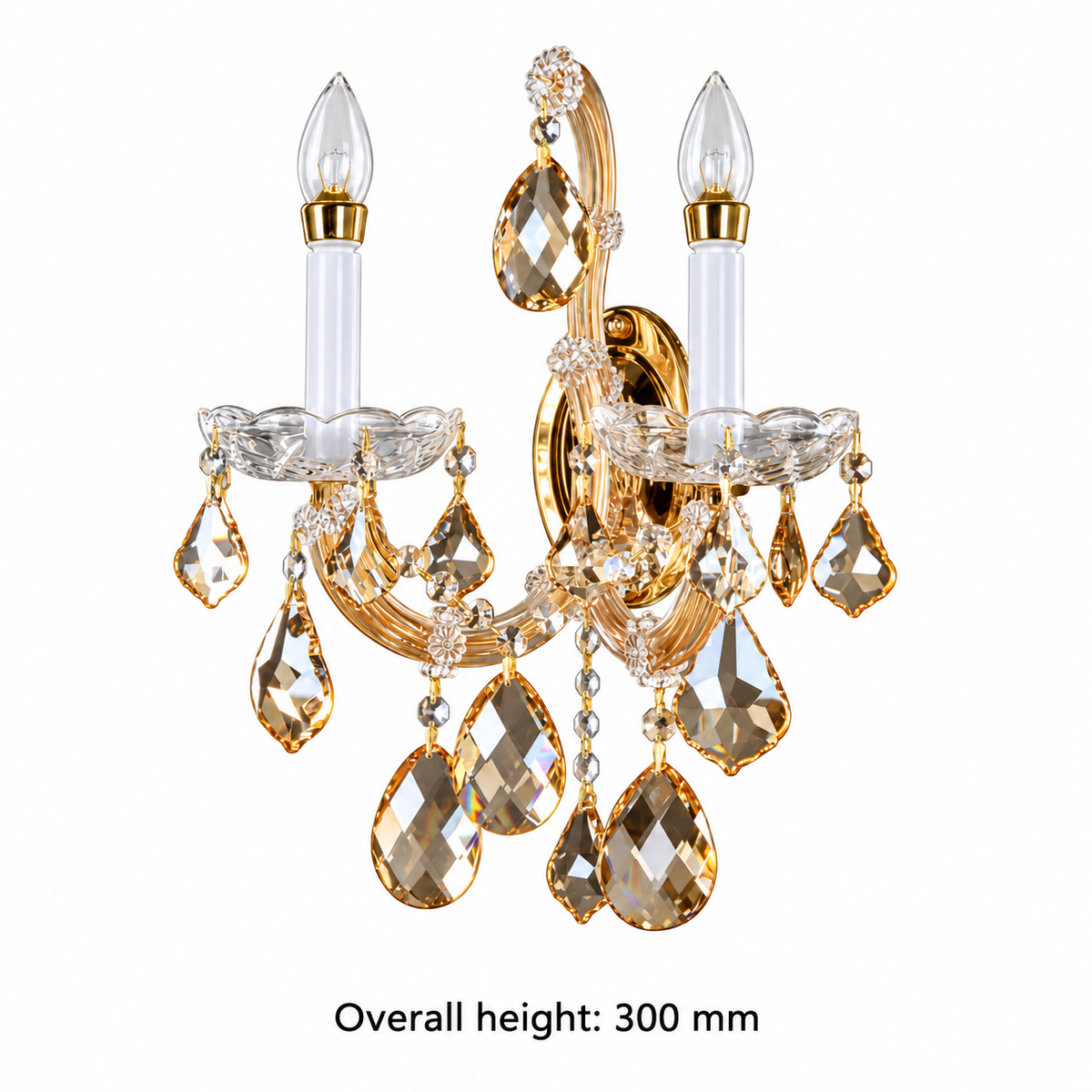 Amber crystal twin arm wall light with clear decorative accents, labelled overall height 300 mm
