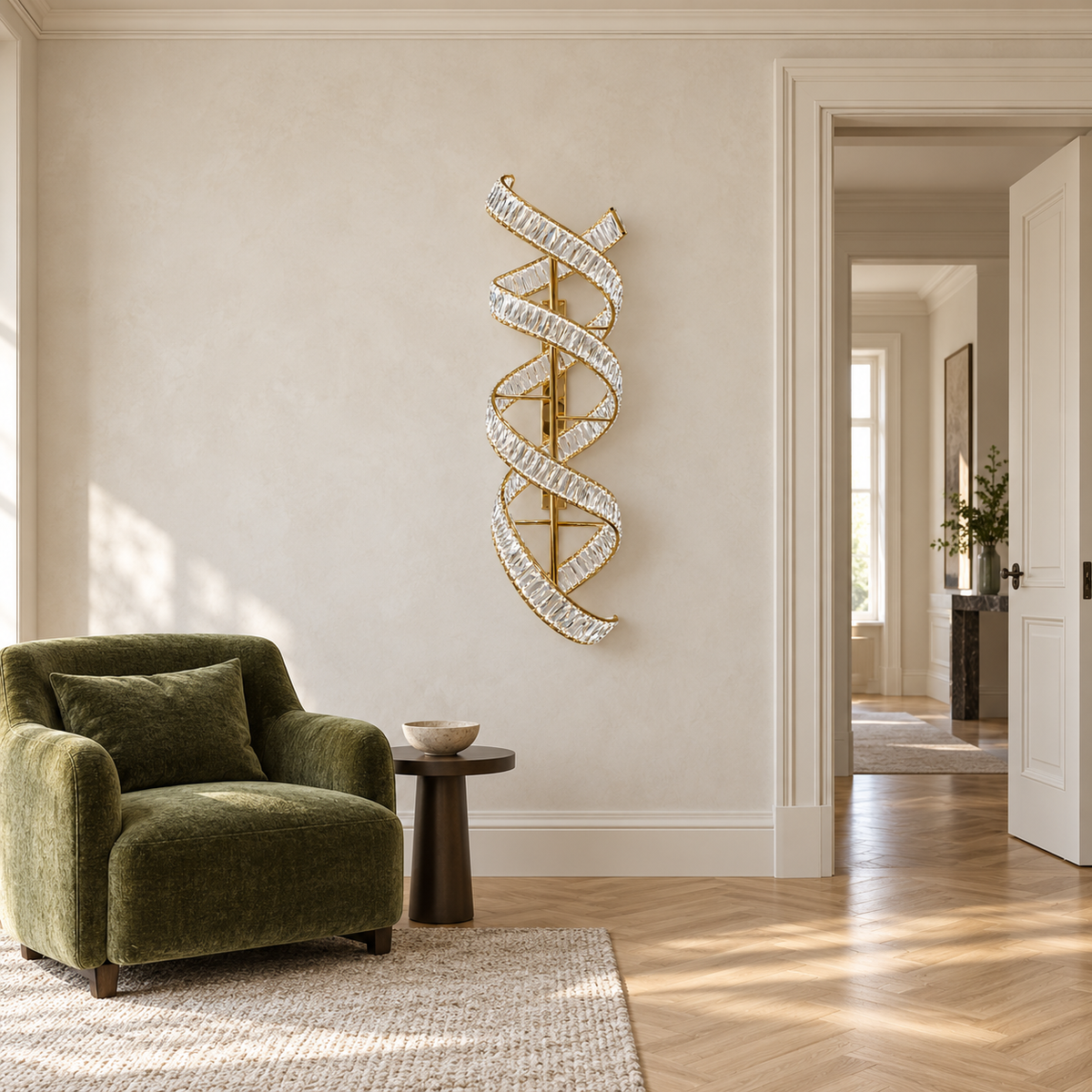 Double Helix Ribbon Wall Light switched off on a tall cream wall beside a green armchair and an open doorway in daylight