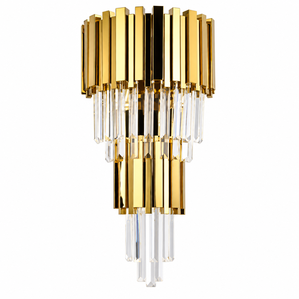Double Crown Crystal Cascade Wall Light with two gold-tone crowns with stepped cascades of clear hanging crystal prisms, shown switched off against a white background