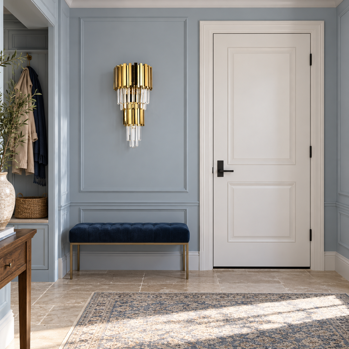 Double Crown Crystal Cascade Wall Light switched off above a navy upholstered bench beside a white door in a daylight entrance hall