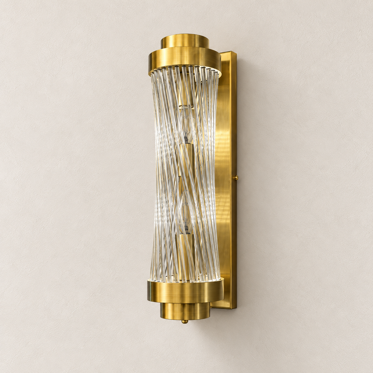 Twisted clear-rod wall light with rounded end caps and rectangular wall plate, switched off