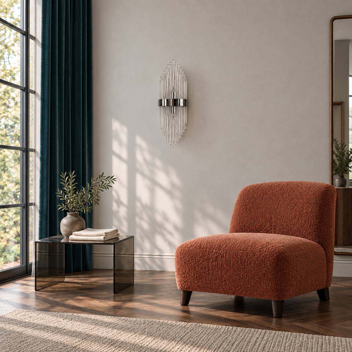Tiered clear-rod wall light beside a lounge chair in daylight, switched off