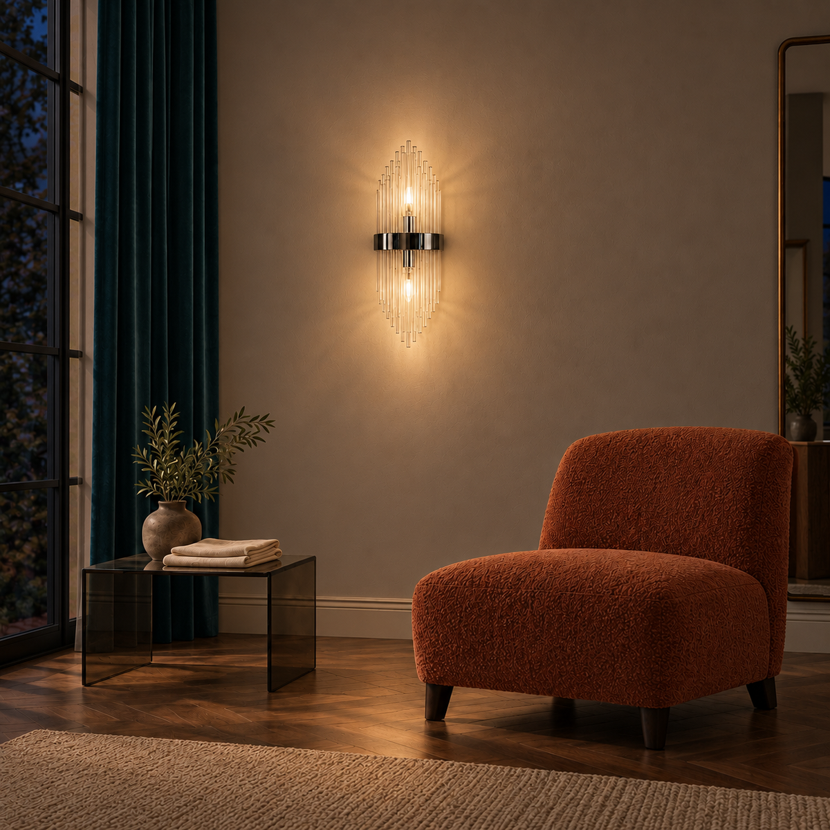 Tiered clear-rod wall light illuminated beside a lounge chair at night