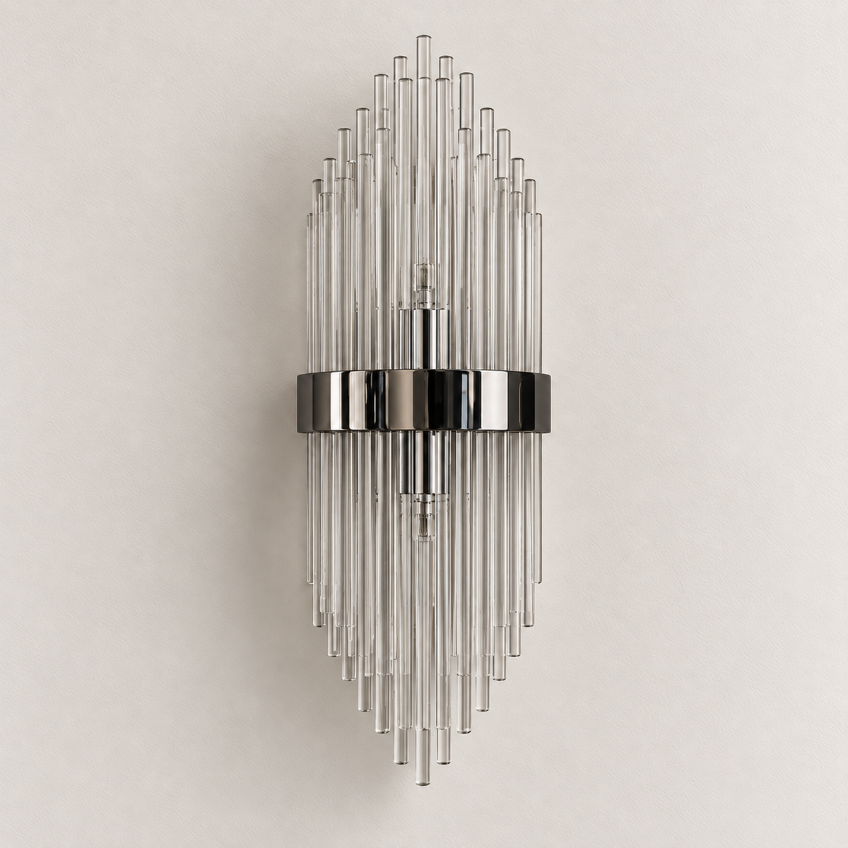 Tiered clear-rod wall light with tapered spindle silhouette and dark reflective centre band, switched off