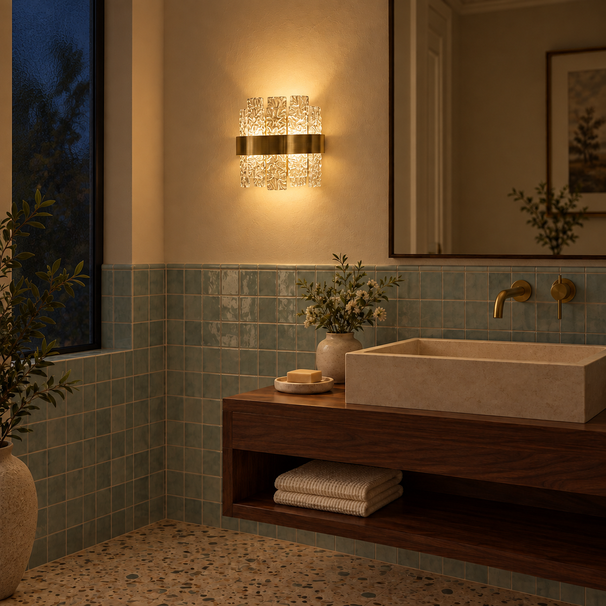 Textured glass stave wall light illuminated beside a mirror above a vanity at night