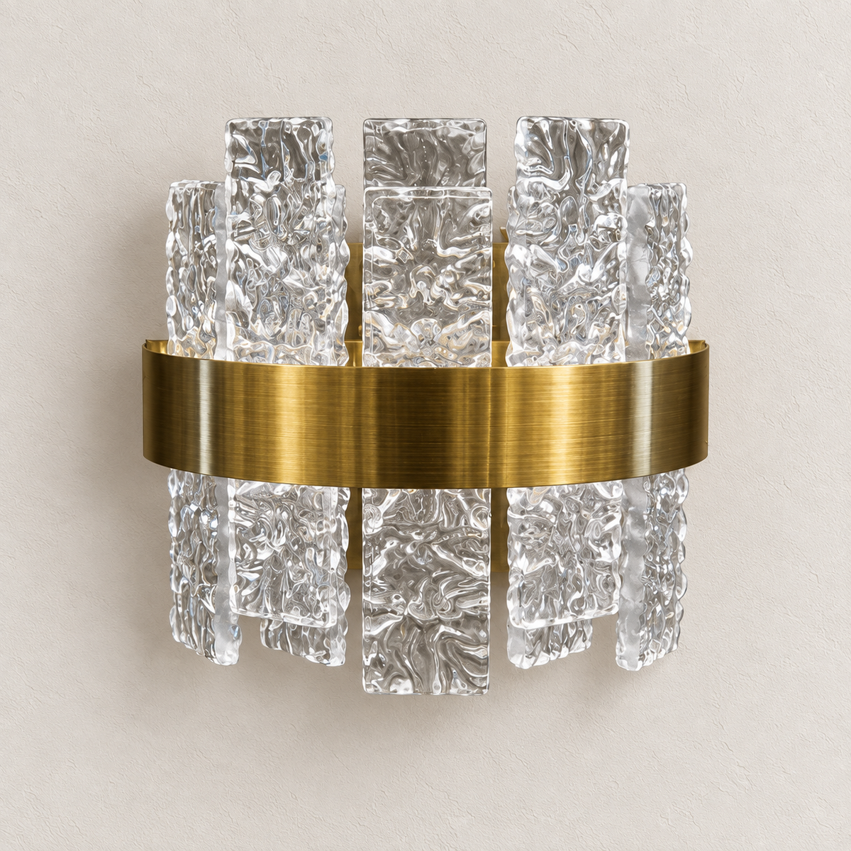 Textured glass stave wall light with stepped edges and broad centre band, switched off