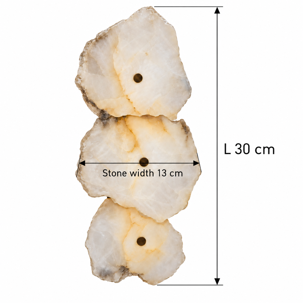 Three-Stone Layered Wall Light dimension guide showing overall length 30 cm; stone width 13 cm