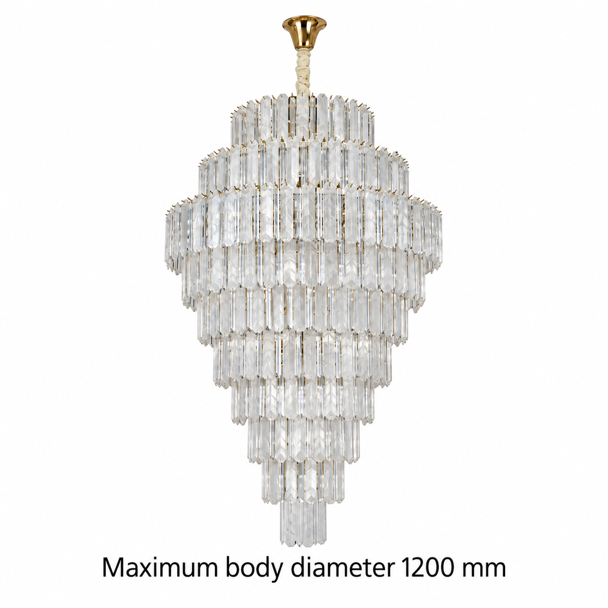 SU67801 Gold-Tone Tiered Prism Chandelier dimension view. Maximum body diameter: 1200 mm.