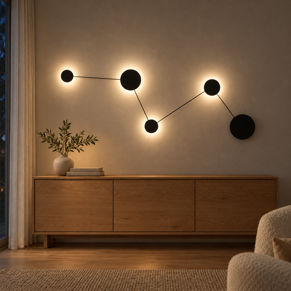 Black zigzag wall light with five linked circular plates, four rear-lit discs and one unlit end disc, illuminated in an interior setting at night.