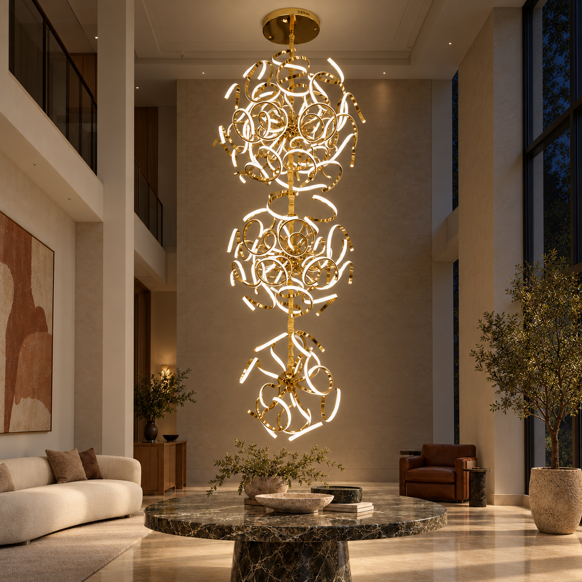 TMA1839 Gold Three-Cluster Ribbon Chandelier illuminated in the matching evening interior.