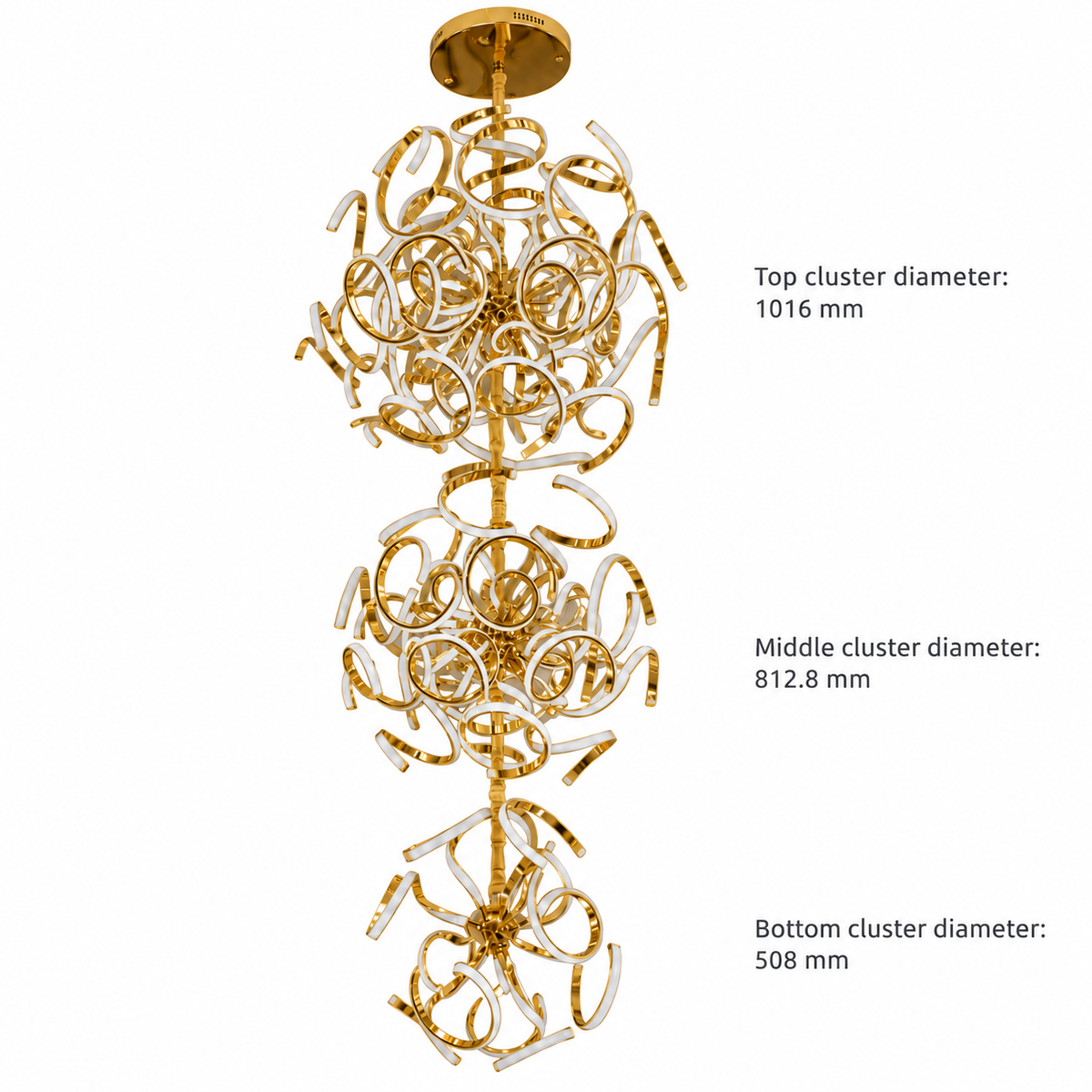 TMA1839 Gold Three-Cluster Ribbon Chandelier dimension view. Three major cluster diameters, top to bottom: 1016 / 812.8 / 508 mm.