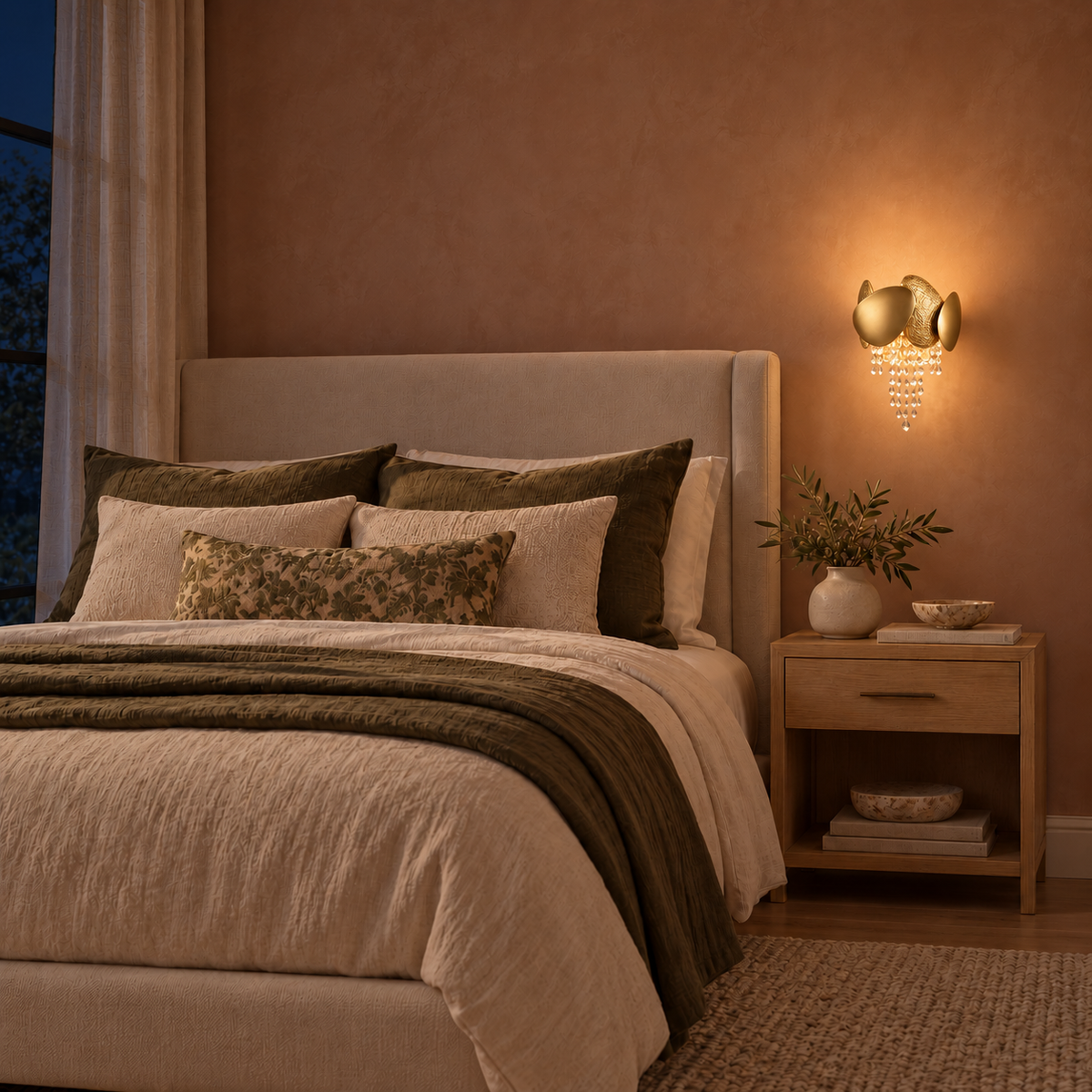 Golden Shield Cascade Wall Light illuminated above a wooden bedside table on a terracotta bedroom wall at night