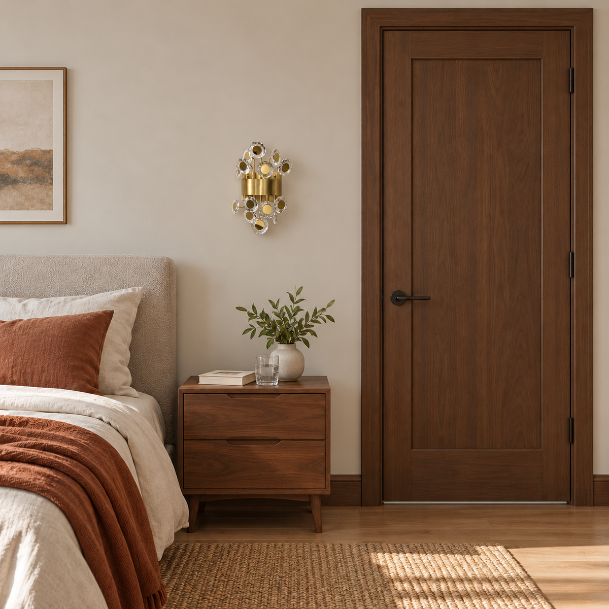 Gold crystal disc wall light switched off above a bedside table in a sunlit bedroom.