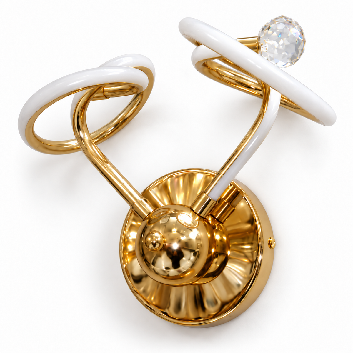 Twin Saucer Gold Wall Light switched off in a studio view against a plain background.