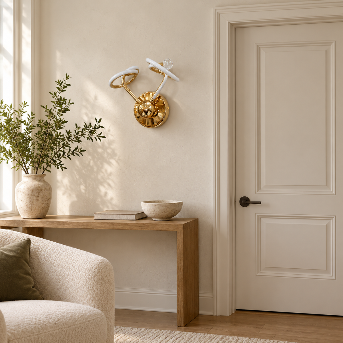Twin Saucer Gold Wall Light switched off in a daylight interior setting.