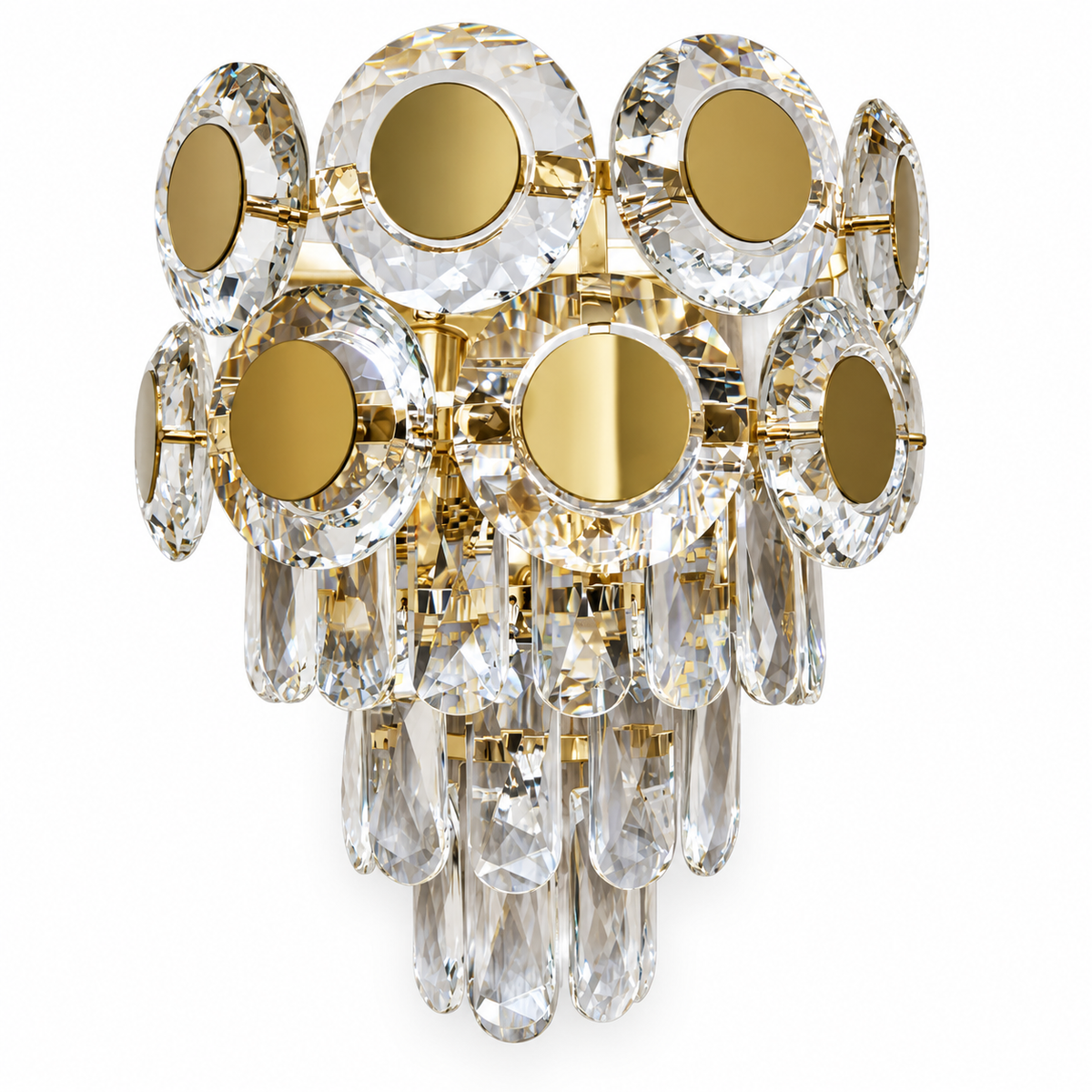 Gold wall light with round faceted medallion accents and cascading clear drops, shown unlit on white.