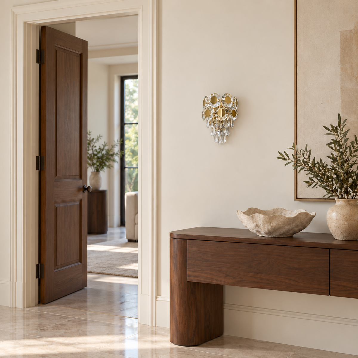 Gold medallion cascade wall light switched off above a timber console beside an open doorway in daylight.