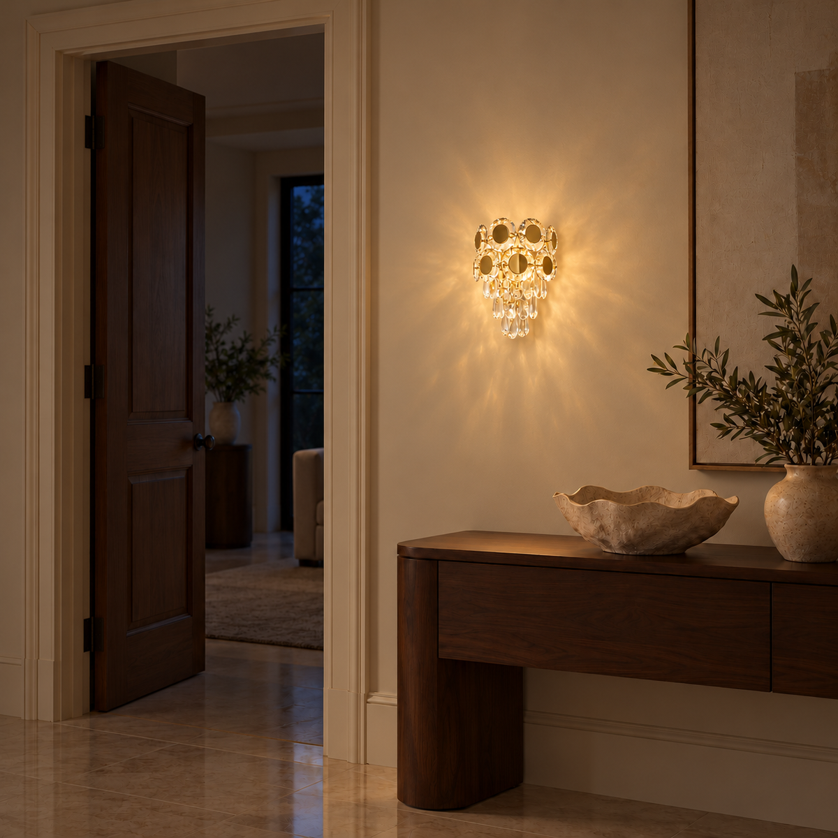 Gold medallion cascade wall light illuminated above a timber console beside an open doorway at night.