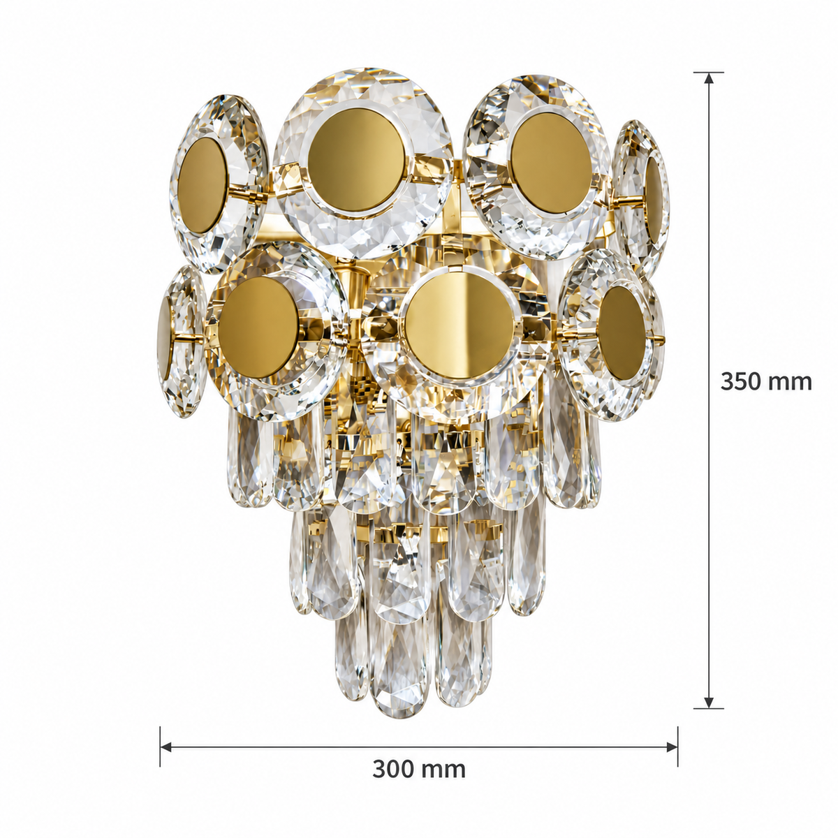Gold medallion cascade wall light dimension diagram showing 300 mm overall width and 350 mm overall height.