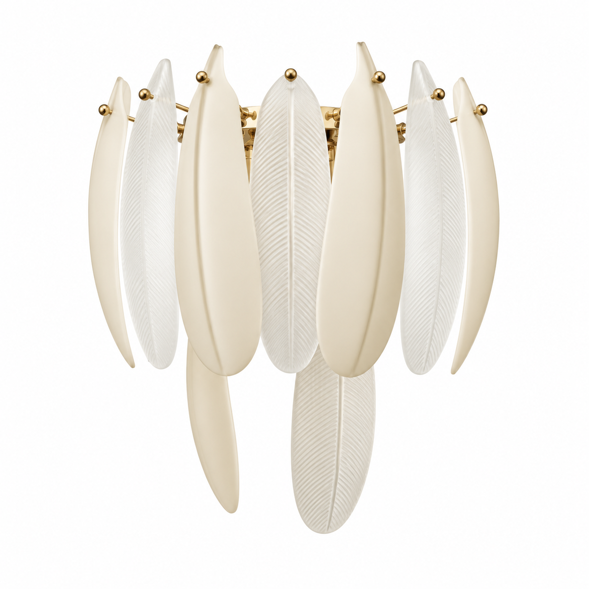 White Leaf Glass Wall Light with nine layered white and frosted glass leaf forms with fine vein detail and small gold-tone accents, shown switched off against a white background