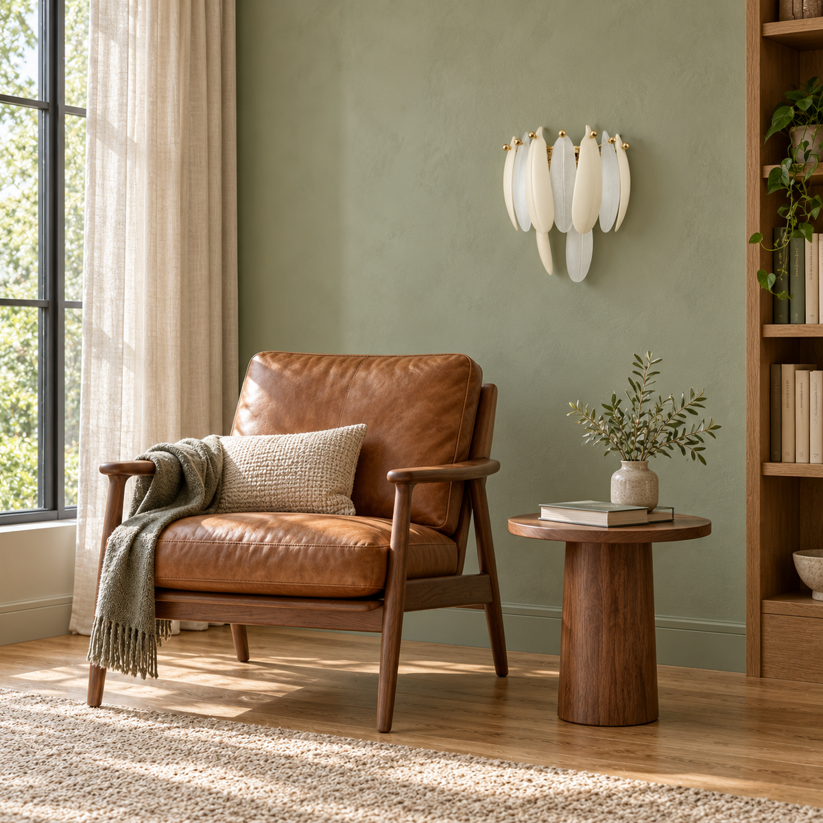White Leaf Glass Wall Light switched off beside a tan leather armchair and wooden side table on a sage-green wall in daylight