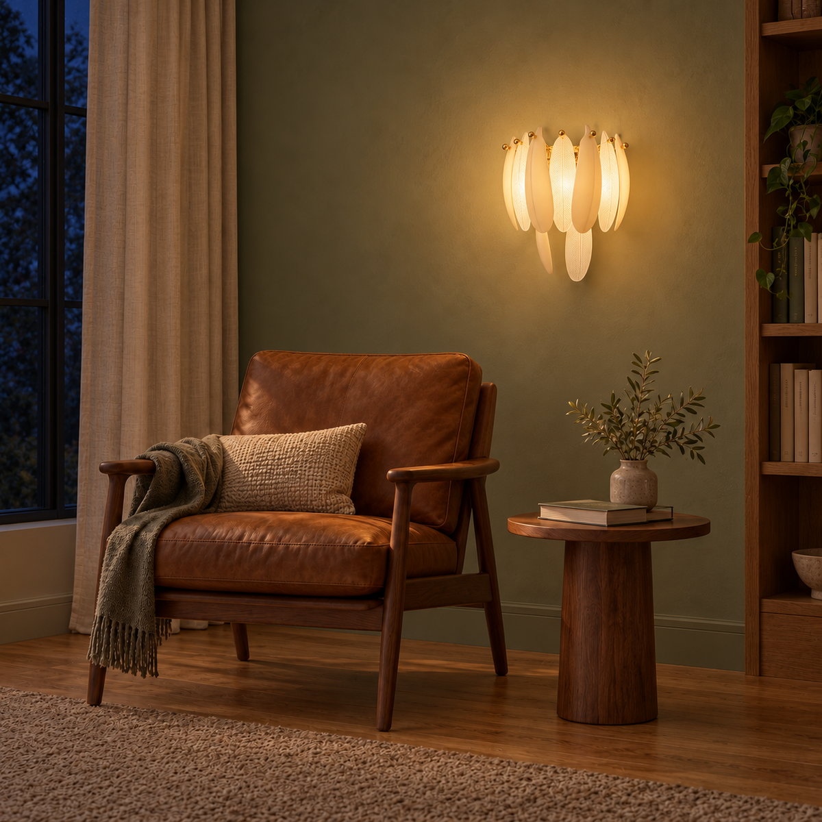 White Leaf Glass Wall Light illuminated beside a tan leather armchair and wooden side table on a sage-green wall at night
