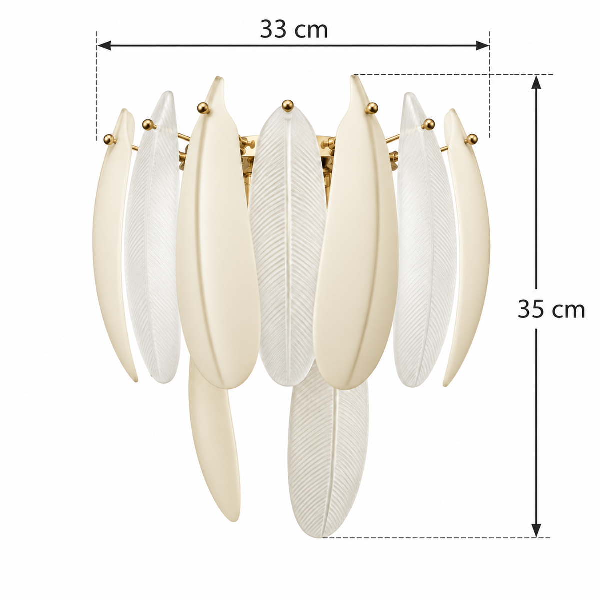 White Leaf Glass Wall Light dimension guide showing a 33 cm wide and 35 cm high decorative leaf envelope, excluding loose cable