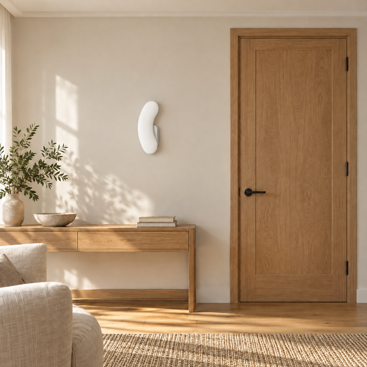 White Crescent Curve Wall Light switched off in a daylight interior setting.