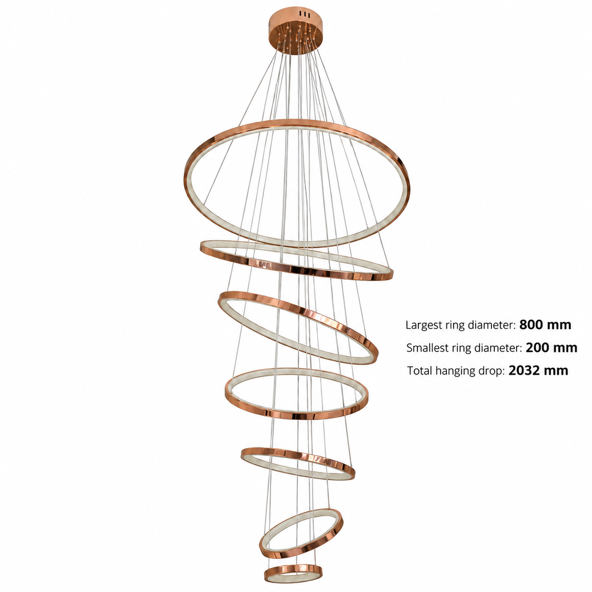 YH21704 Rose-Gold Seven-Ring Cascade Chandelier dimension view. Largest ring diameter: 800 mm; Smallest ring diameter: 200 mm; Total hanging drop: 2032 mm.