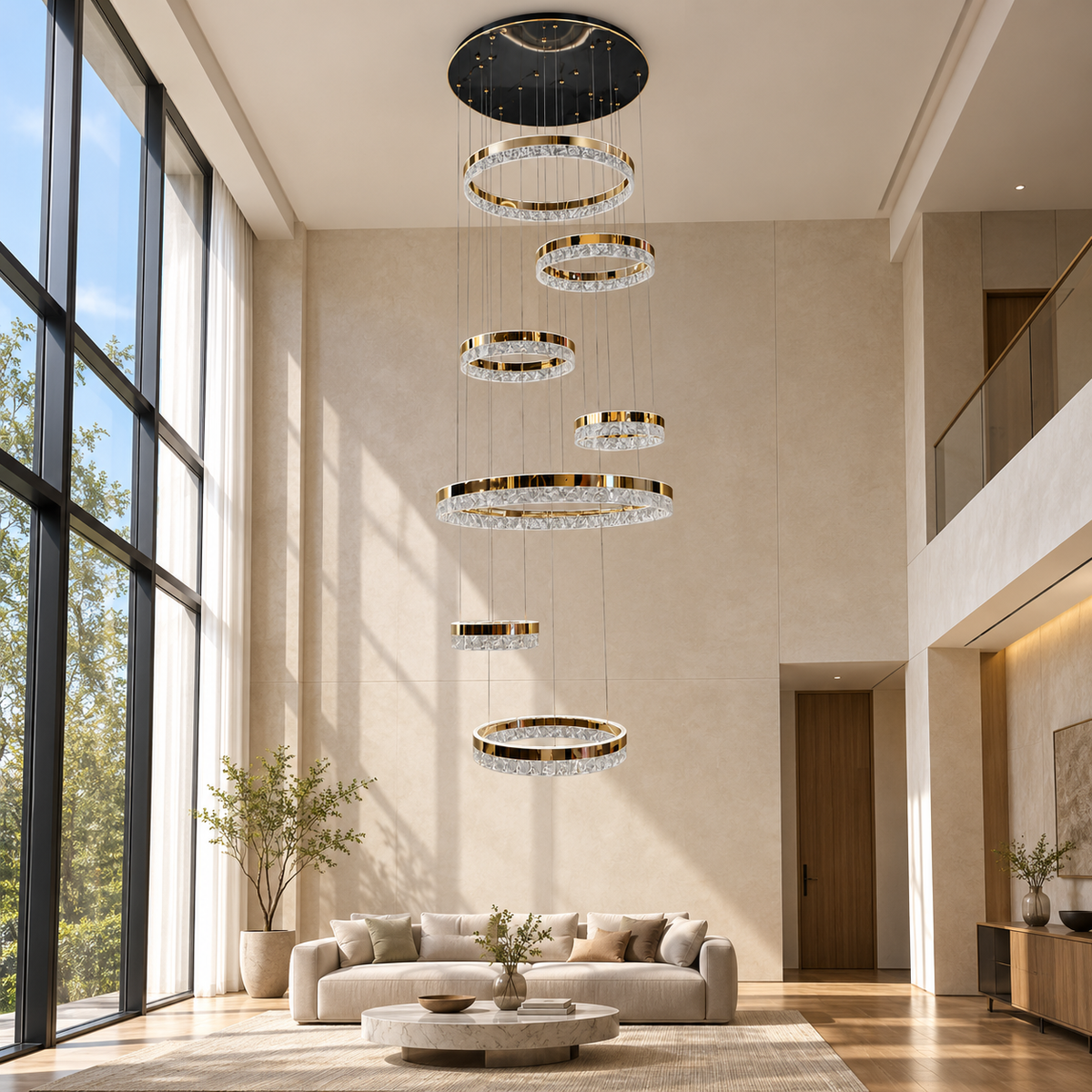 YHD23775-7D--388W-3C seven-ring cascade chandelier in a daylight interior.