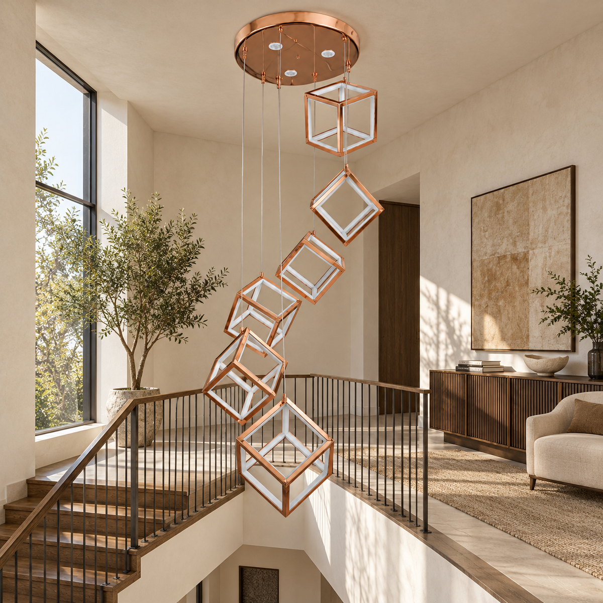 YL16220 Rose-Gold Six-Cube Cascade Chandelier shown unlit in a daylight interior.