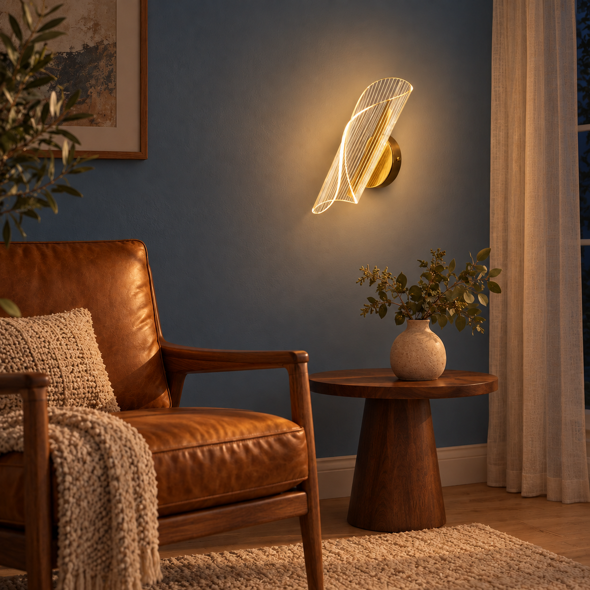 Striped Acrylic Ribbon Wall Light illuminated in a night-time interior
